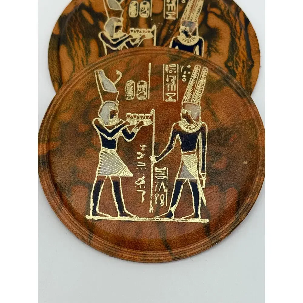 Vtg Egyptian Camel Leather Brown‎ w/ Gold Detail Set of 5 Coasters Drinkware